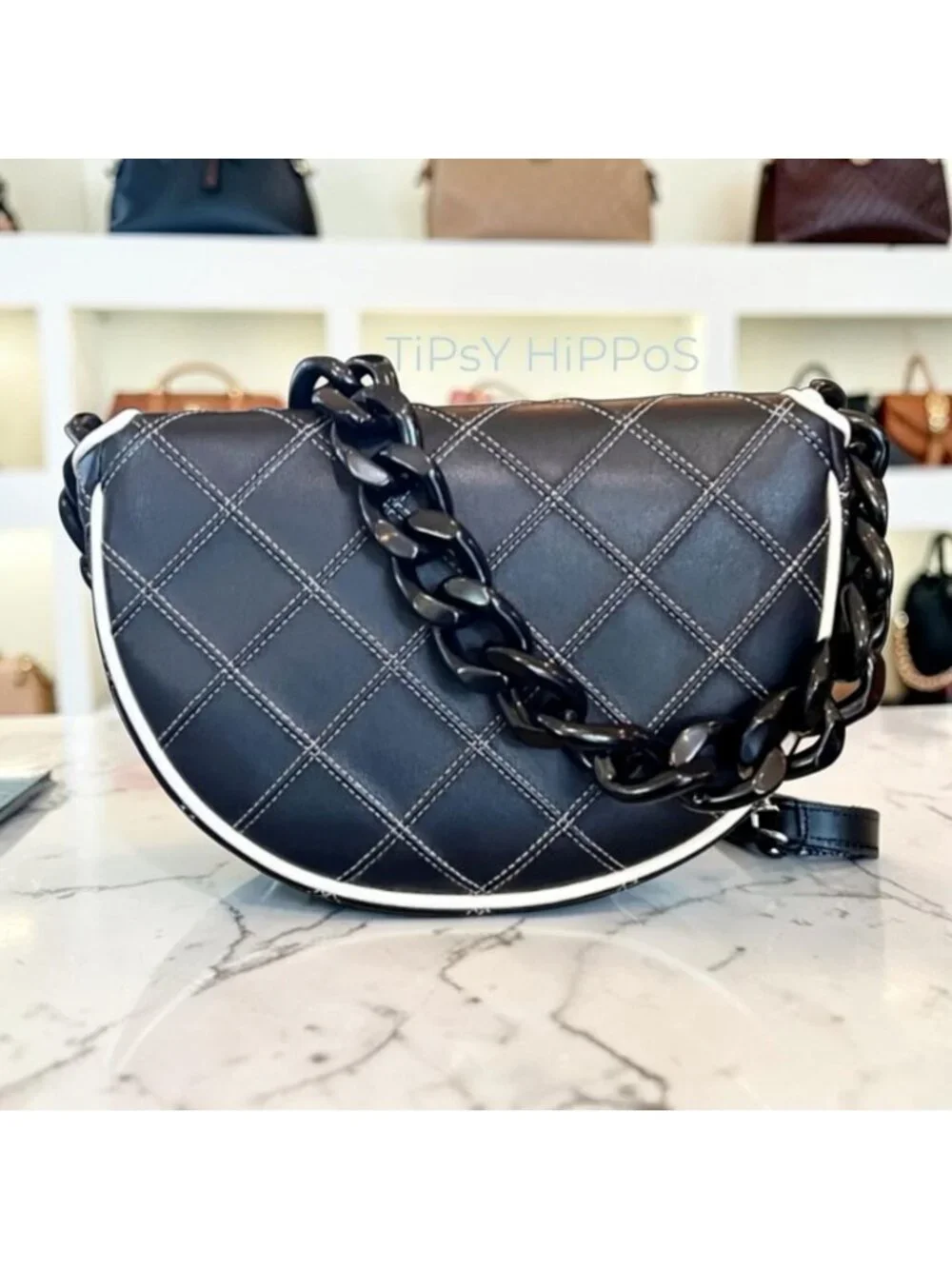 NEW WITH TAGS!  Authentic Tory Burch Black and White 1/2 Moon Fleming Handbag